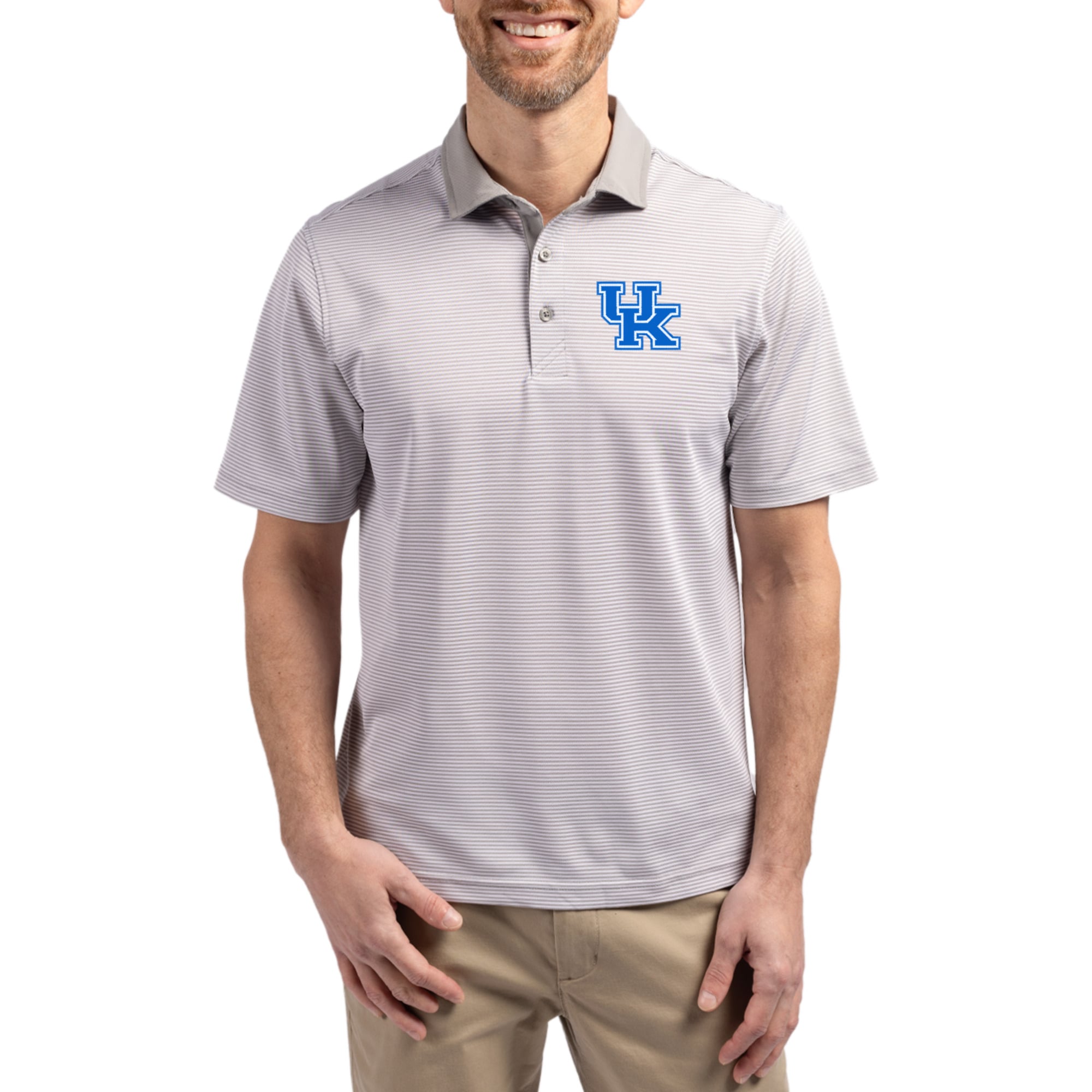 Polo recyclé DryTec Virtue Eco Piqué gris/blanc pour homme de Cutter & Buck, modèle Kentucky Wildcats.